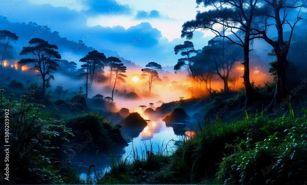 Poster misty landscape at dusk with a river reflecting the warm glow of the setting sun through the trees. 