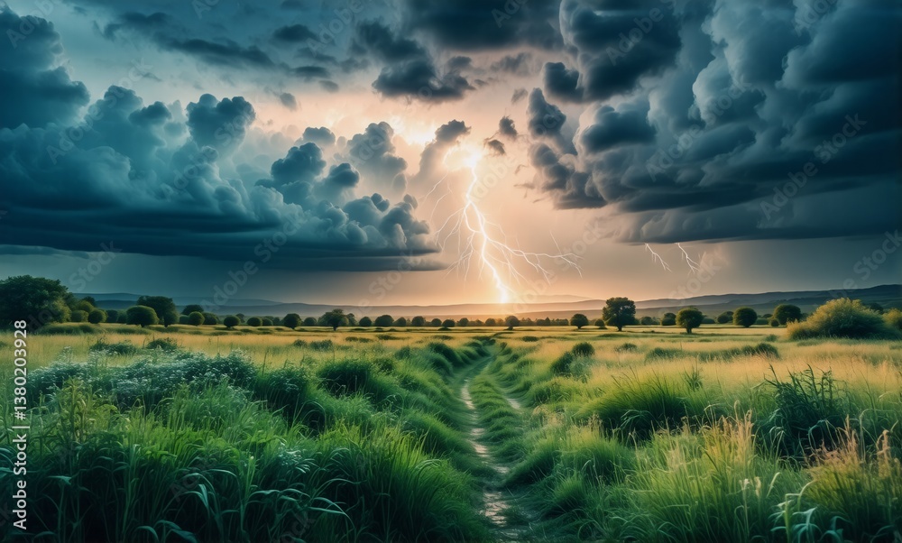 Poster a dramatic landscape under a stormy sky as lightning illuminates a field with a path leading towards