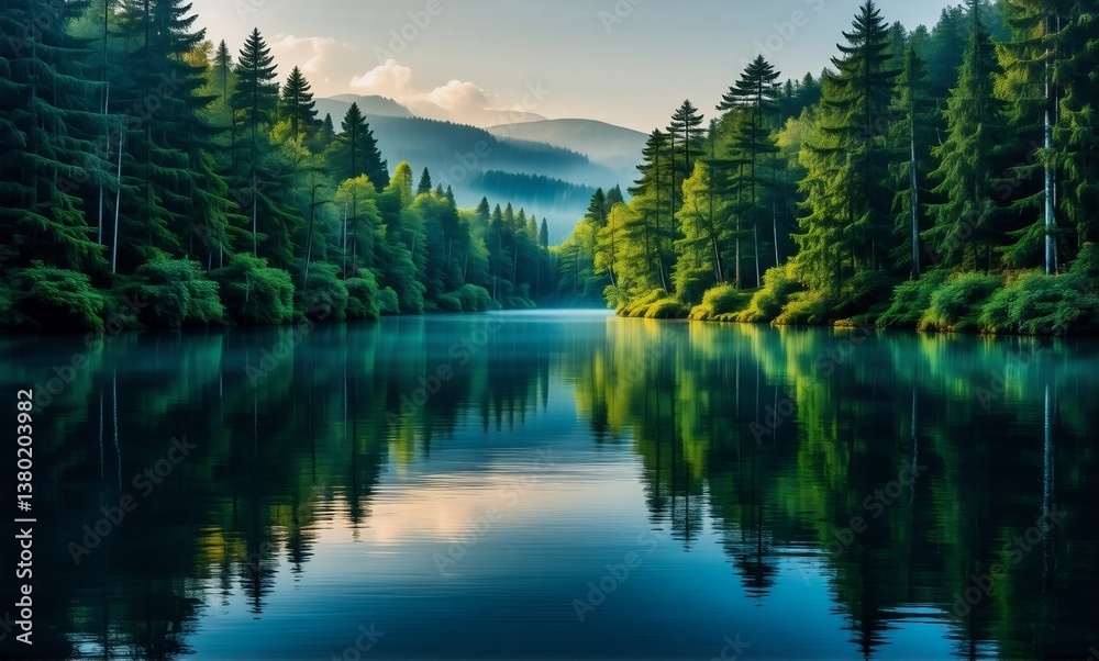 Poster a serene landscape featuring a tranquil river flowing through a lush green forest. mountains are vis