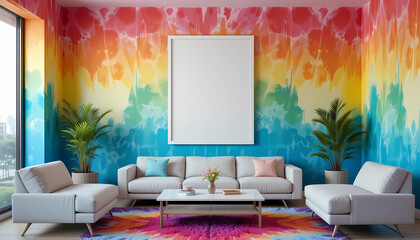 A dynamic retro-modern living room with tie-dye all-color walls, featuring a framed poster mockup in a sleek white frame outlined with a bold black border.