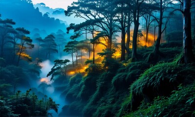 Enchanting foggy forest with light rays penetrating dense trees and foliage. Lush greenery creates a serene and mystical atmosphere in this tranquil nature scene.