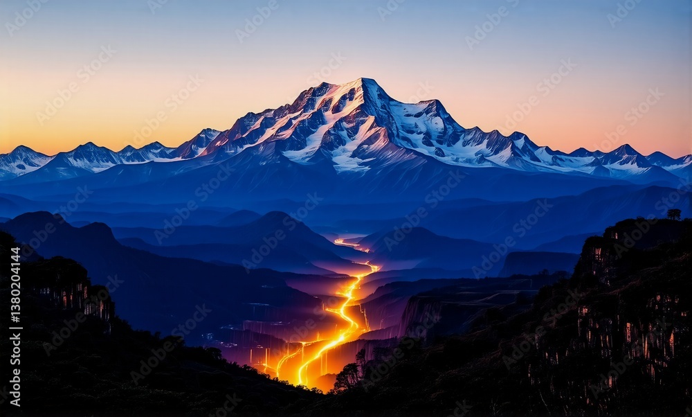 Poster a snow-capped mountain peak dominates a twilight sky, casting a shadow on the valley. a golden river