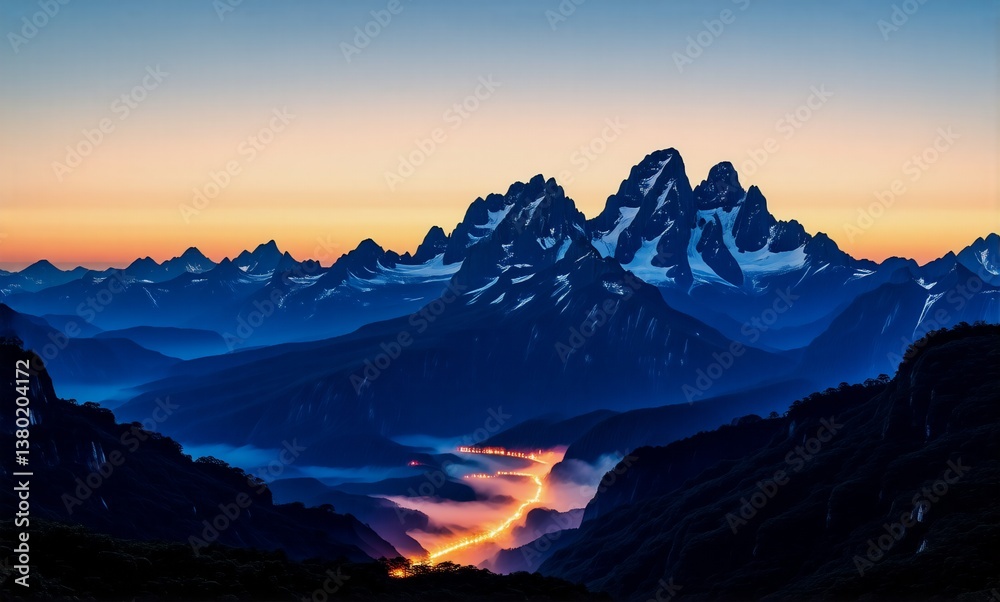 Poster a majestic mountain range at dusk displays snow-capped peaks beneath an orange and blue gradient sky