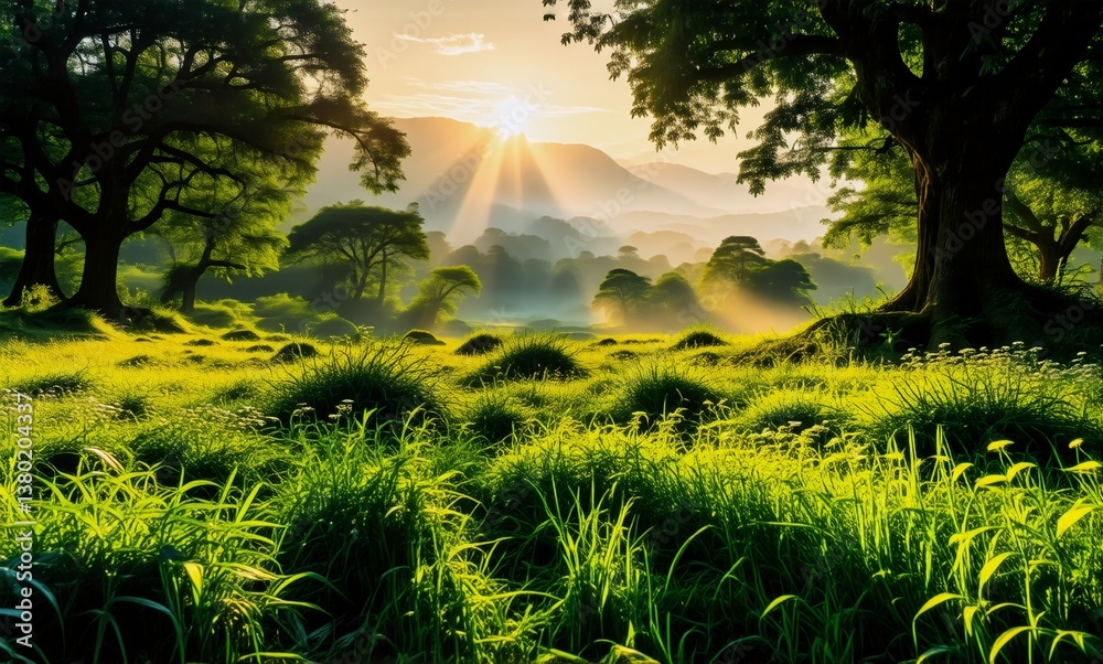 Poster sun rays stream through trees illuminating a vibrant green meadow and distant mountains in a peacefu
