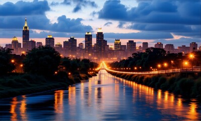 Night cityscape reflecting in river under twilight sky. Illuminated buildings  streetlights line riverbanks. Peaceful urban scenery.