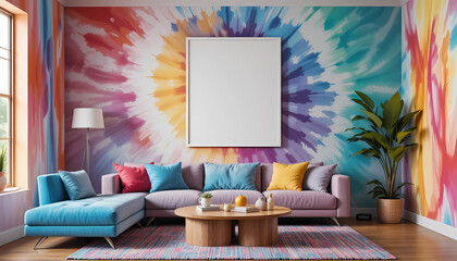 A dynamic retro-modern living room with tie-dye all-color walls, featuring a framed poster mockup in a sleek white frame outlined with a bold black border.