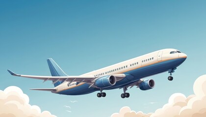 Obraz premium An artistic representation of an airplane soaring through the sky, illustrating the concept of travel and adventure with a bright blue backdrop.
