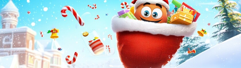 Festive christmas character delivering gifts winter wonderland digital artwork joyful atmosphere playful perspective