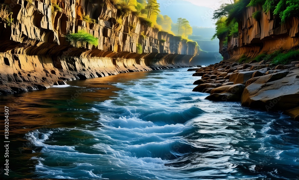 Poster sunlit canyon view. river water rushes between steep rock walls with green trees on top, creating a 