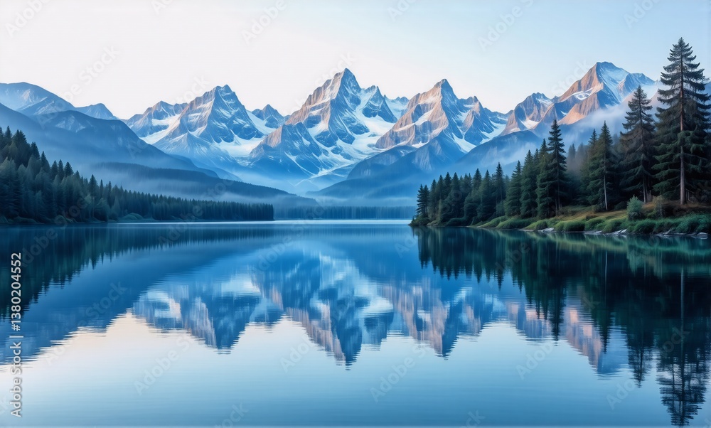 Poster majestic snow-capped mountains mirroring perfectly in a tranquil lake surrounded by evergreen forest
