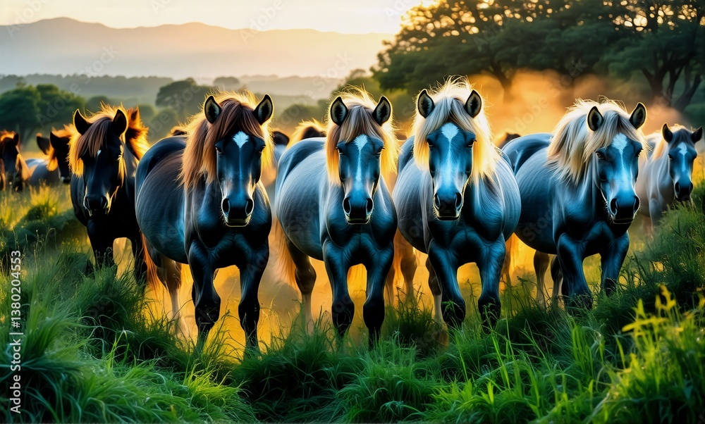 Poster a herd of horses walks through a grassy field as warm sunlight illuminates the scene. trees stand in
