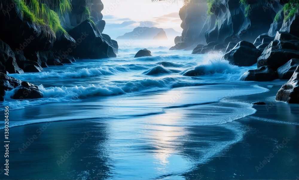 Poster a serene seascape unfolds with gentle waves washing ashore, framed by rugged dark cliffs under a sof