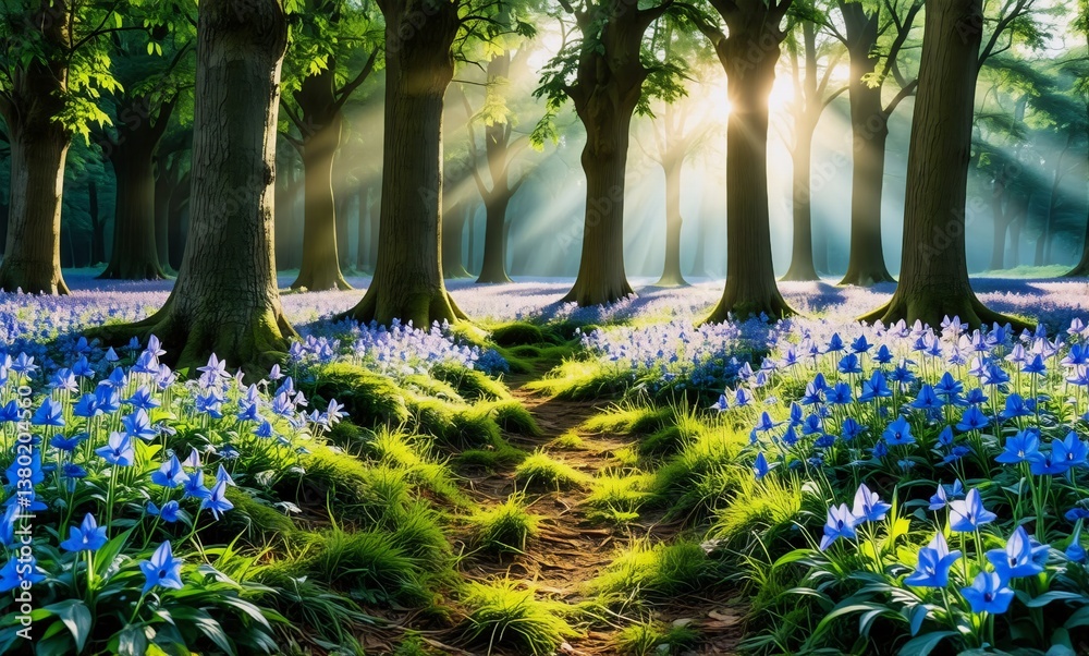 Poster sunlight filters through tall trees onto a path covered in lush green grass and vibrant blue flowers