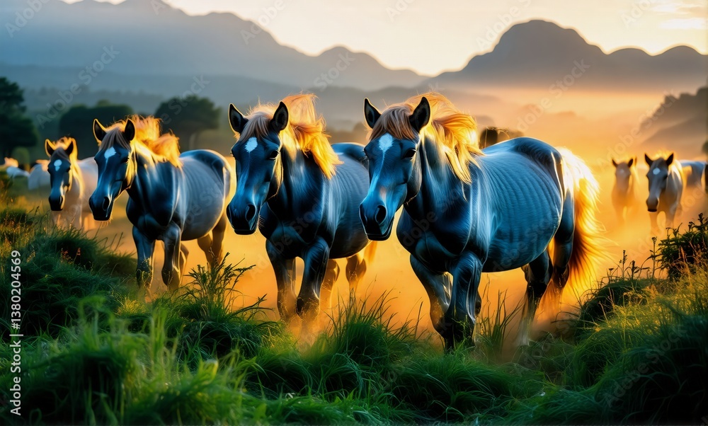 Poster a herd of horses gallops through a grassy field at sunset, bathed in golden light. mountains rise in