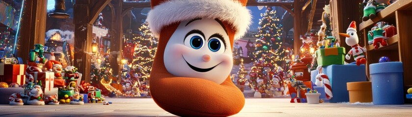 Obraz premium Joyful holiday celebration featuring a smiling character in a festive christmas scene with decorations and gifts