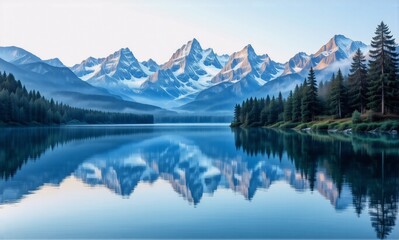 Fototapeta premium Majestic snow-capped mountains mirroring perfectly in a tranquil lake surrounded by evergreen forest under a clear sky. A peaceful nature scene.