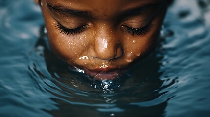 A close-up of a child's face partially submerged in water, with droplets glistening on the skin and a serene expression.
