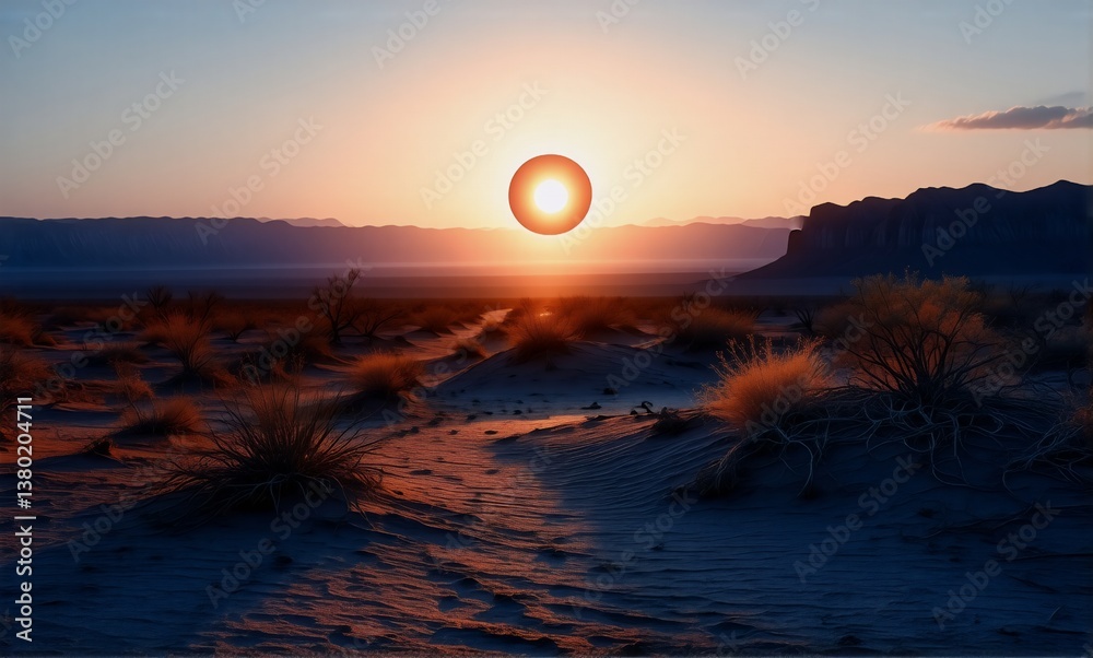 Aufkleber a bright orb hangs low over a desert landscape at sunset, casting warm light on the sandy terrain an