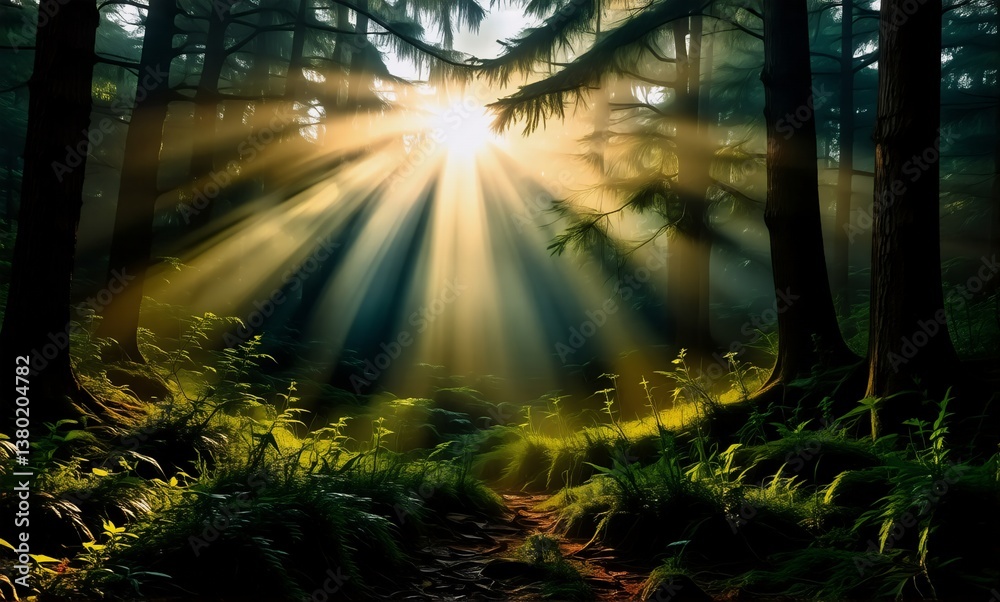 Poster sunlight pierces through dense trees in a lush forest, casting rays onto a path. verdant foliage and