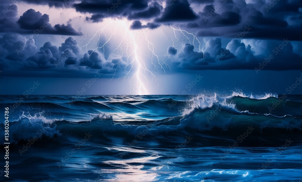 Aufkleber dramatic lightning illuminates a turbulent ocean as waves crash under a dark, cloudy sky. the powerf
