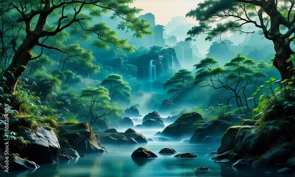 Poster a tranquil landscape featuring a river flowing through a lush green forest with mist hanging in the 