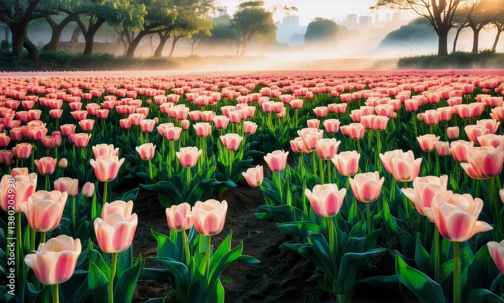 Aufkleber a vast field of pink and white tulips stretches under a soft, hazy sunlight, creating a beautiful sp