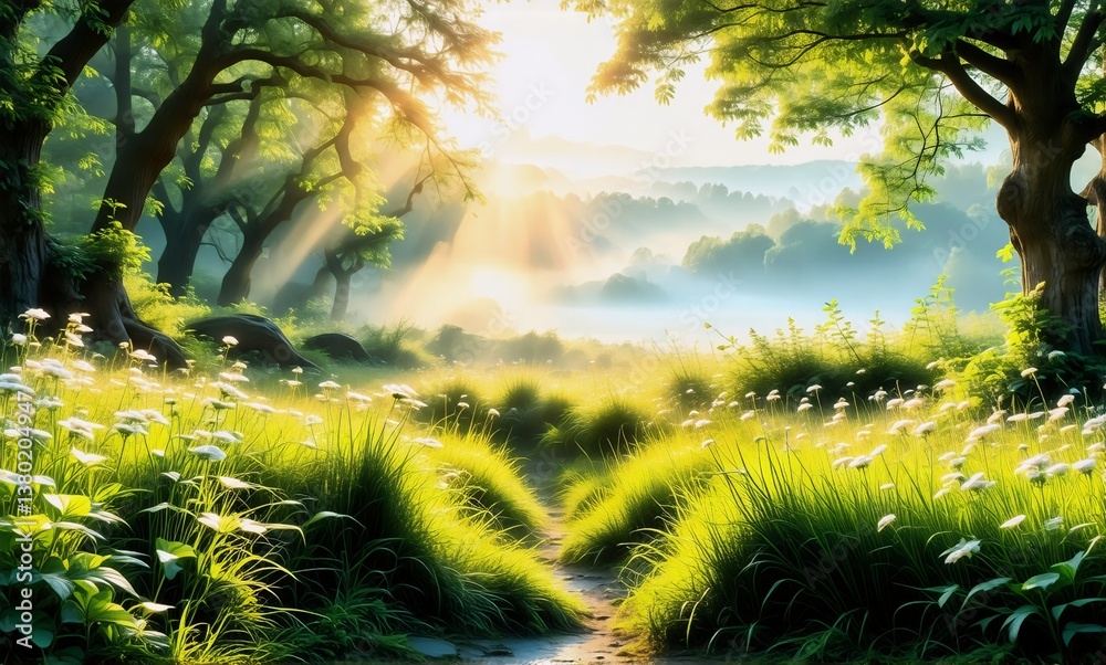Aufkleber Sunlight streams through trees in a lush forest clearing, illuminating a path and a field of white flowers. Mist hangs in the distance, creating a serene and idyllic scene.