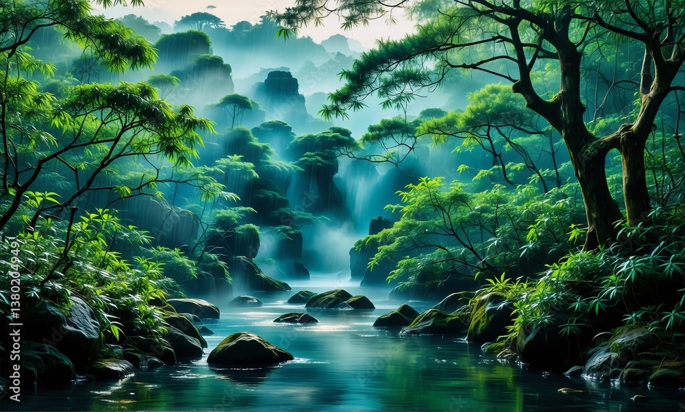 Poster lush green forest with a flowing river and mist. trees and foliage surround the water, creating a pe