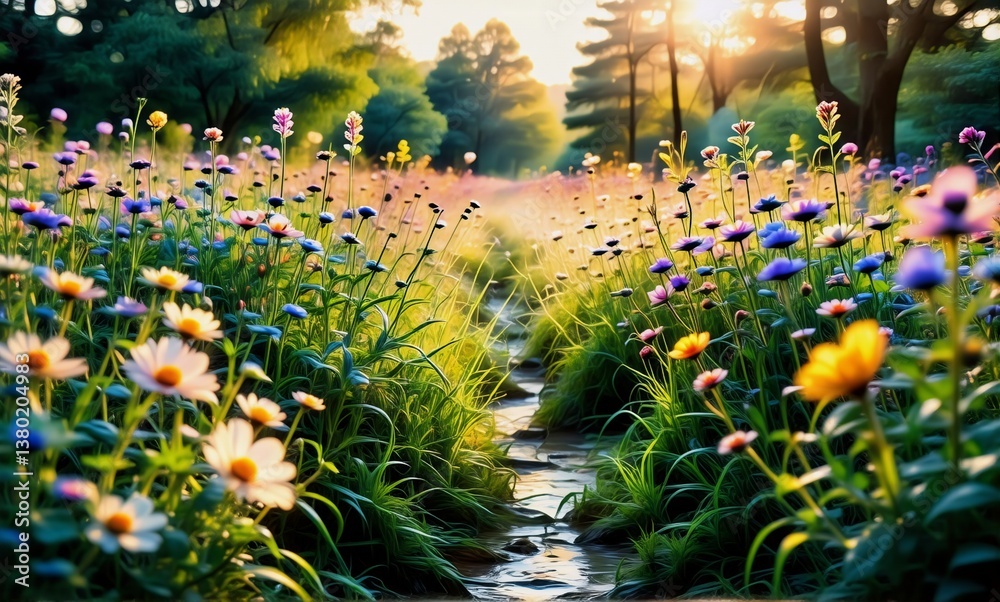 Poster a serene path through vibrant wildflower meadow. sunlight filters through trees in background. natur