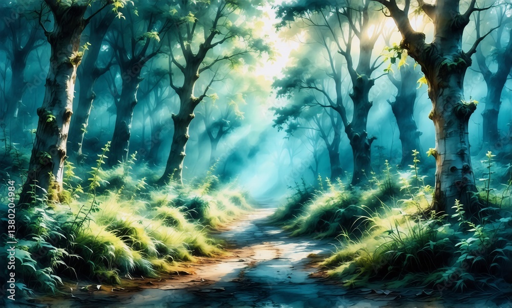 Poster enchanting forest path bathed in ethereal sunlight. lush greenery and tall trees create a serene and