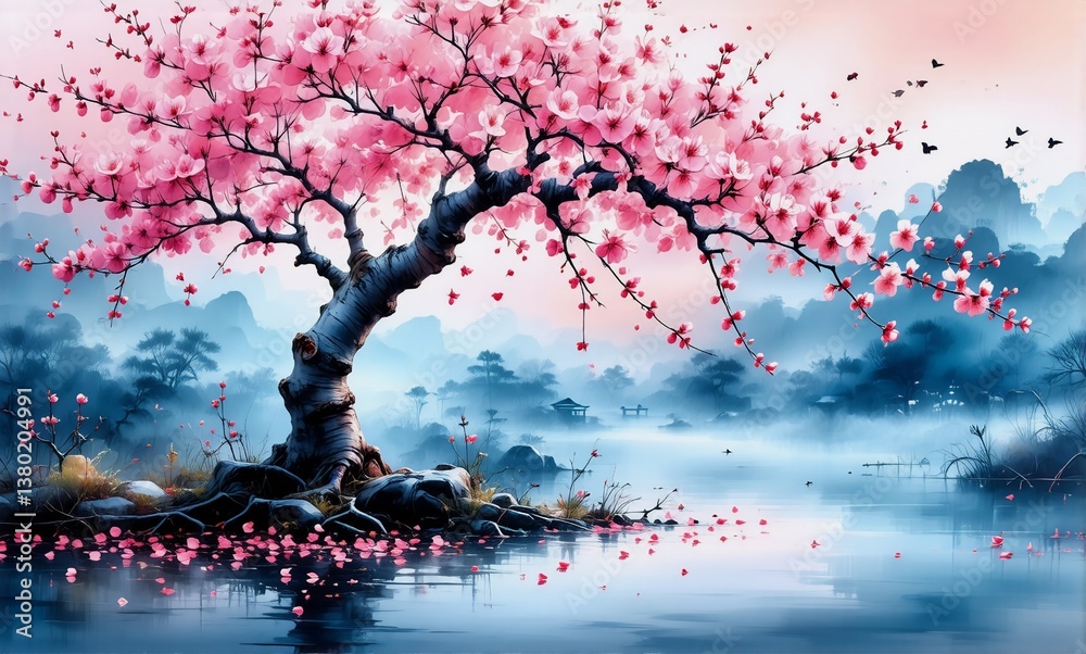 Poster pink cherry blossoms tree reflects in serene water, misty mountains and trees in background create p