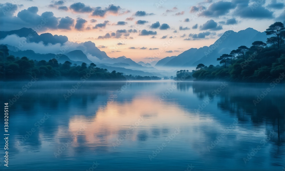 Poster serene landscape at dawn or dusk featuring a tranquil lake reflecting the soft hues of clouds and di