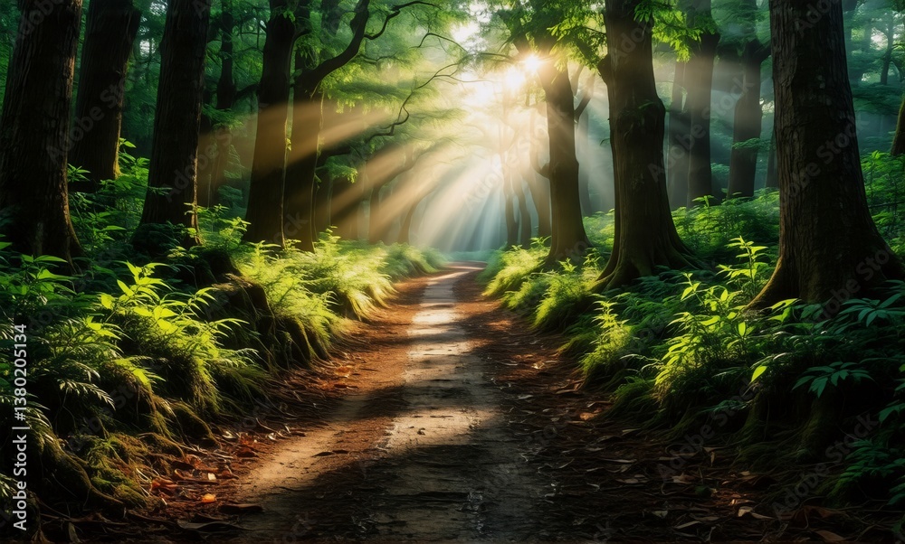 Poster a sunlit pathway winds through a lush green forest, with radiant light filtering through the tall tr