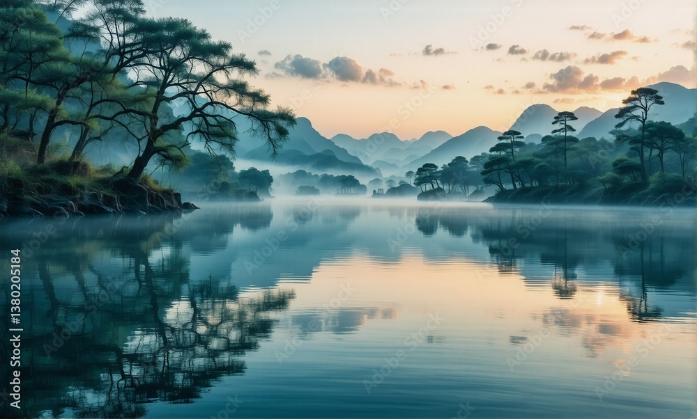 Poster misty lake at dawn reflecting trees and distant mountains. peaceful landscape with calming colours a