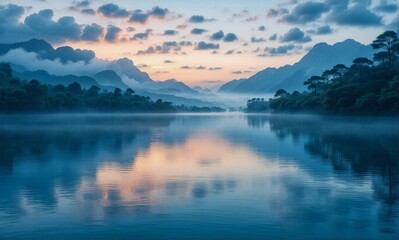 Serene landscape at dawn or dusk featuring a tranquil lake reflecting the soft hues of clouds and distant mountains. Misty air and lush trees enhance the peaceful scene.