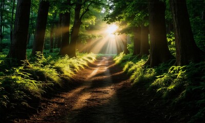 A sunlit path winds through a dense forest, with rays of light filtering through the tall trees. Lush green foliage surrounds the path creating a tranquil natural scene.