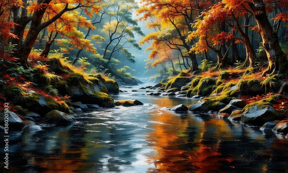 Poster a vibrant autumn forest with colorful trees casting reflections on the clear river flowing through. 