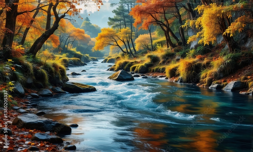 Aufkleber a vibrant autumn scene unfolds with a river coursing through a forest adorned in fall colors. sunlig