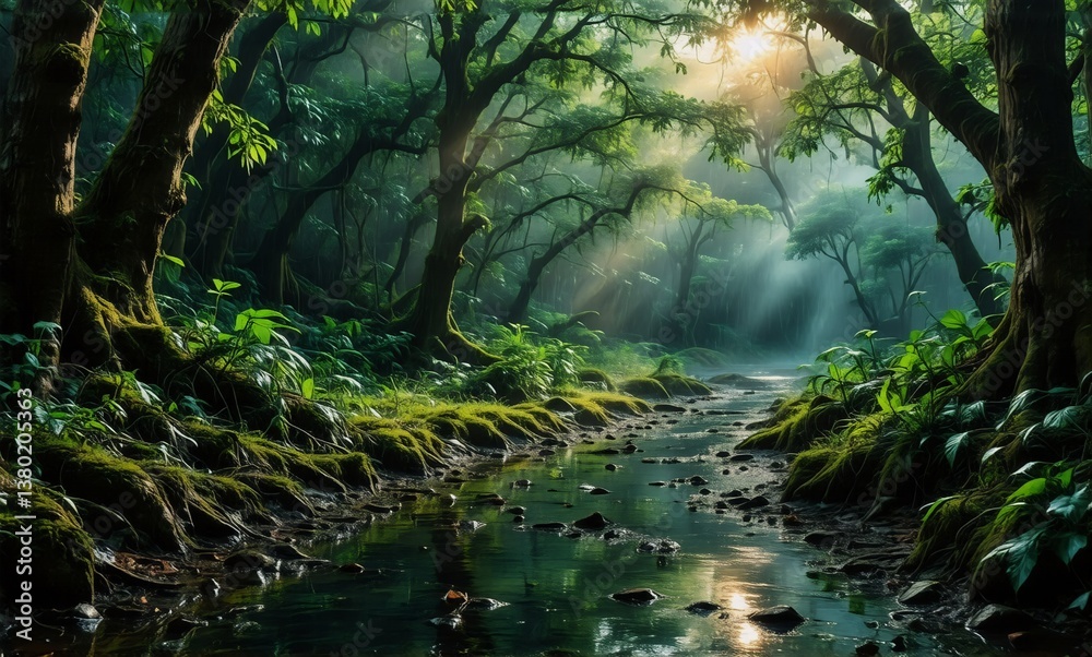 Poster A serene forest scene with sunlight filtering through lush trees, illuminating a gentle stream flowing through the verdant, mossy woods. Nature's tranquility.