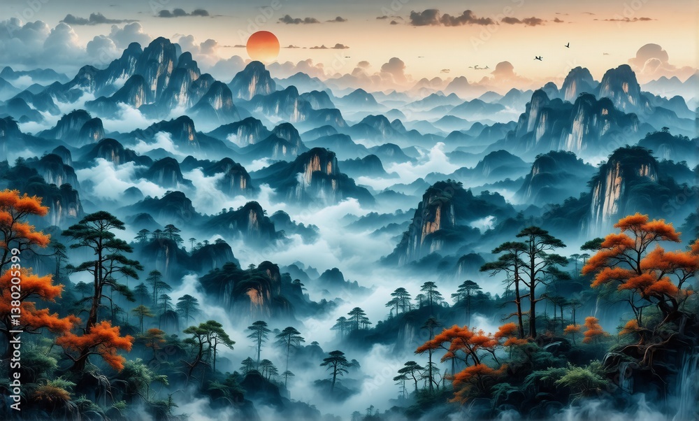 Poster vibrant mountain landscape with layers of misty peaks silhouetted against a colorful sky. trees with