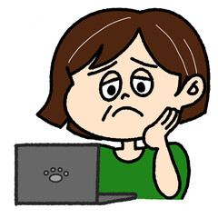 パソコンの操作が分からなくて困る女性のイラスト