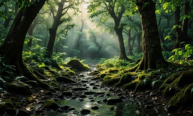 Obraz premium Lush green forest with sun rays filtering through the canopy, illuminating a pathway amidst trees and foliage. Tranquil nature scene.