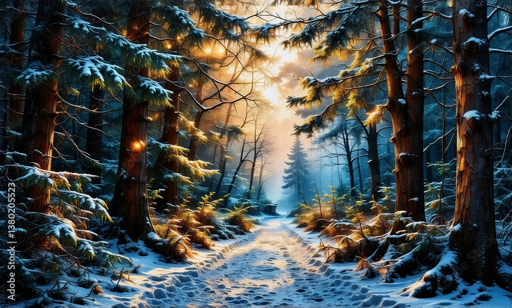Poster A snow-covered path winds through a dense forest as sunlight filters through the trees creating a serene winter wonderland.  The scene evokes feelings of peace and tranquility.