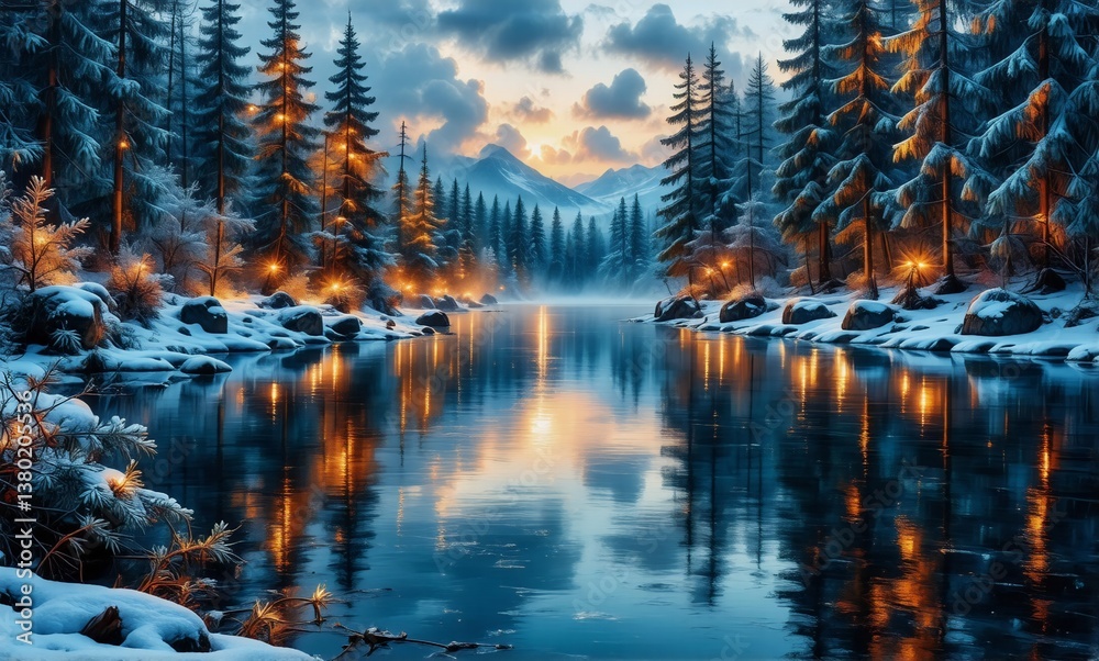 Poster winter landscape with snow covered pine trees along a tranquil river reflecting soft light from the 