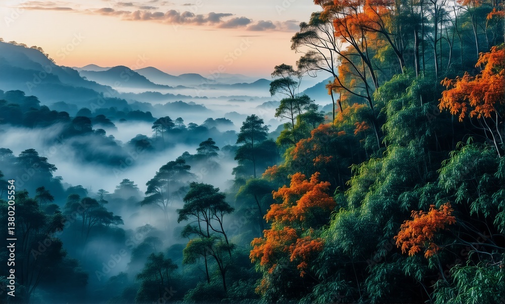 Poster foggy valley at dawn with colorful autumn trees. serene forest landscape with layers of mountains an