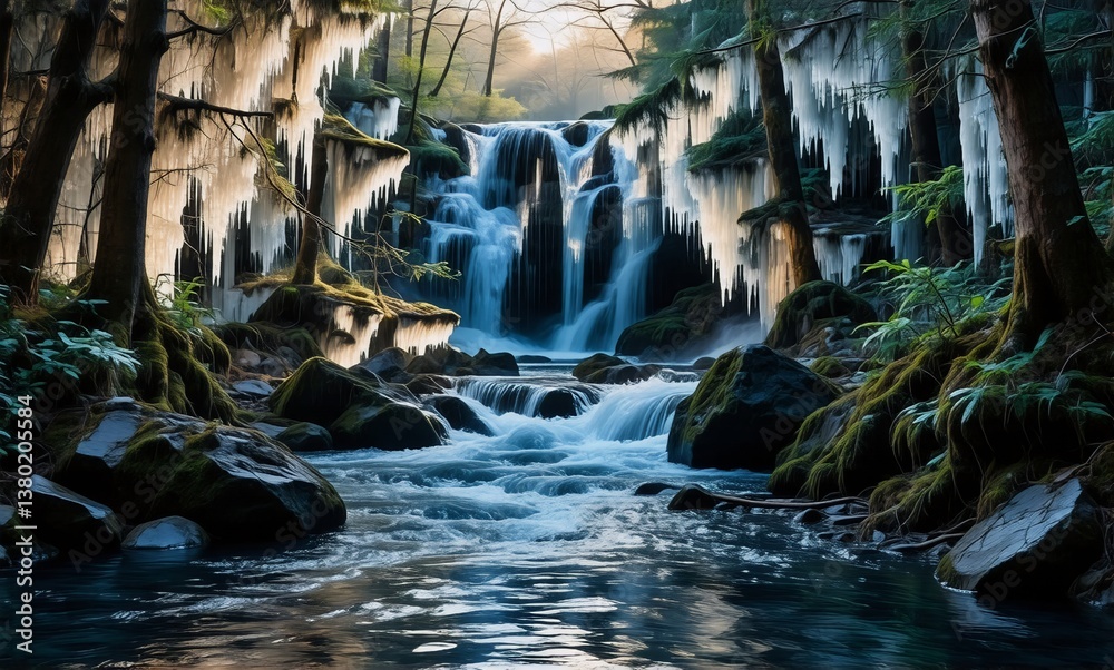 Poster a serene waterfall cascades through a mossy forest, sunlight filtering through trees, illuminating i