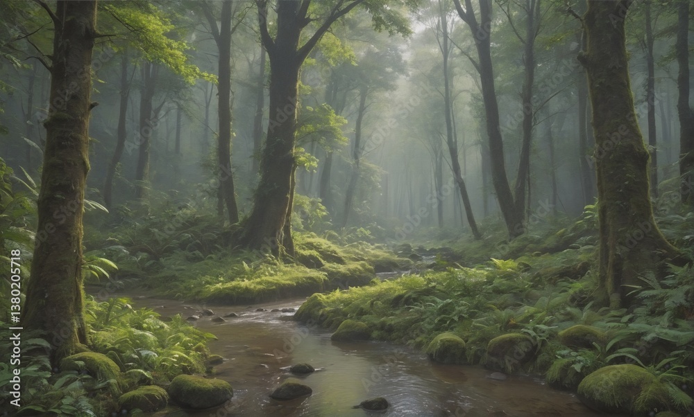 Poster A tranquil forest scene with a gentle stream flowing through lush greenery. Tall trees and soft mist create a peaceful and natural atmosphere.