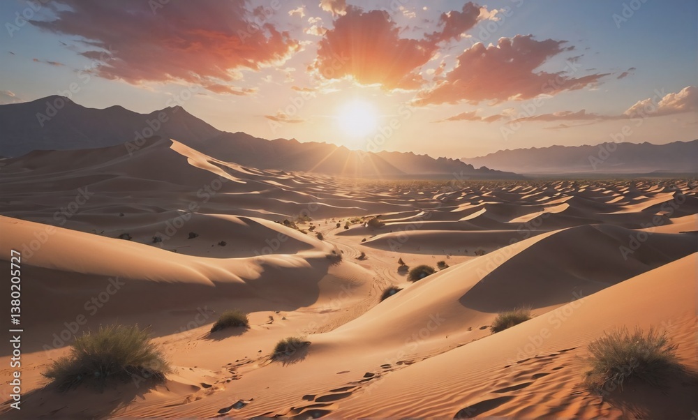 Aufkleber golden hour bathes rolling sand dunes in warm light. distant mountains frame the serene desert lands