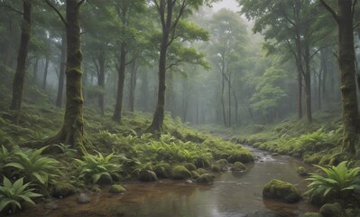 Obraz premium A serene forest with lush green foliage and tall trees. A gentle stream flows through the mossy undergrowth in a peaceful, misty, natural setting.