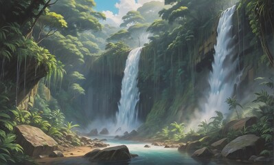 Lush green forest with multiple waterfalls cascading down rocky cliffs into a clear stream. Sunlight filters through dense trees creating mist.